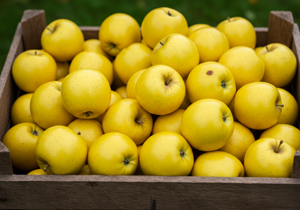 Panier de pommes Golden Delicious jaunes fraîchement récoltées