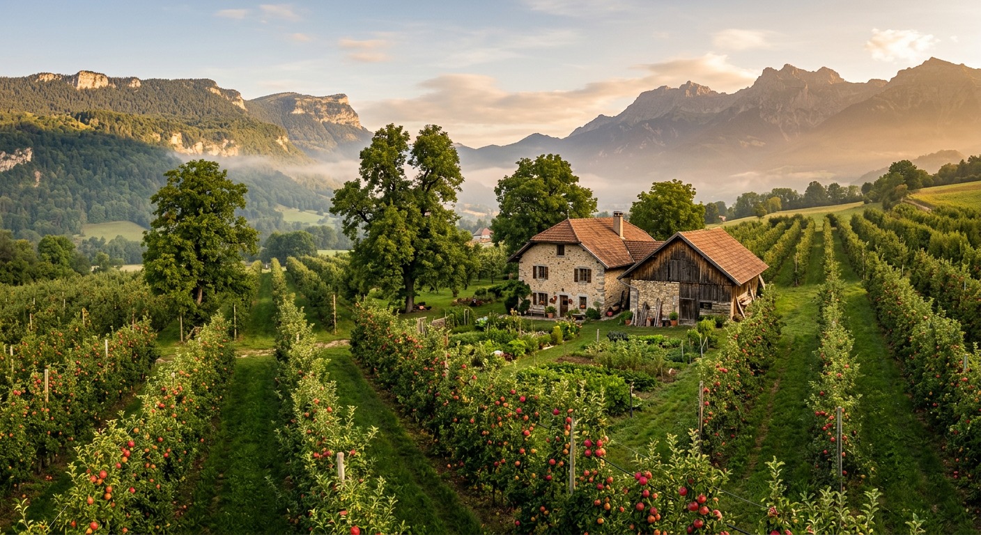 Ferme familiale en pierre entouree de vergers de pommiers au pied des montagnes