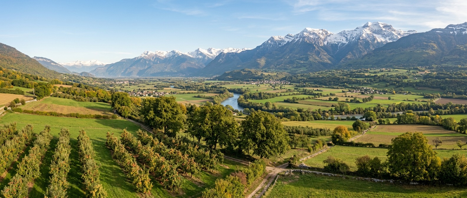 Vue panoramique de la vallee du Haut Gresivaudan et des sommets alpins